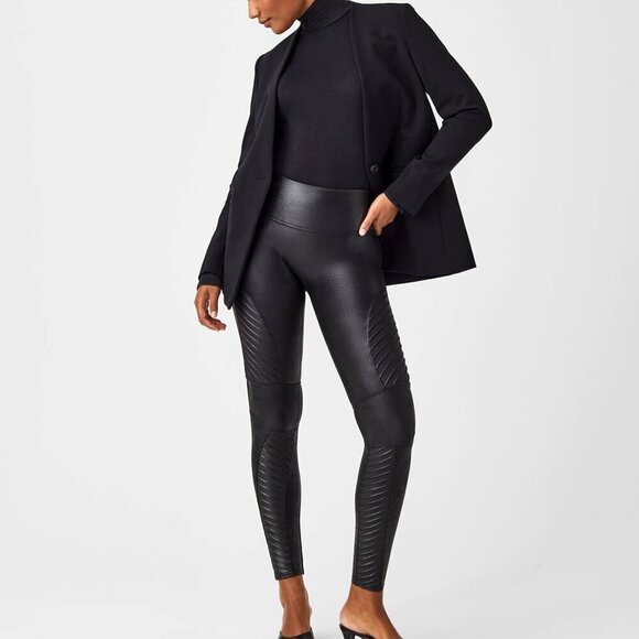 Spanx Faux Leather Moto Leggings High-Rise Tummy Shaping Ankle Length Pants M - Picture 1 of 15